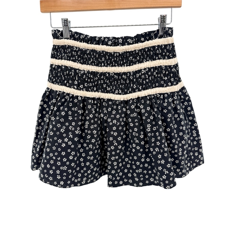 Aureum‎ Smocked Ruffle Mini Skirt XS Black Ditsy Floral Cottagecore Festival